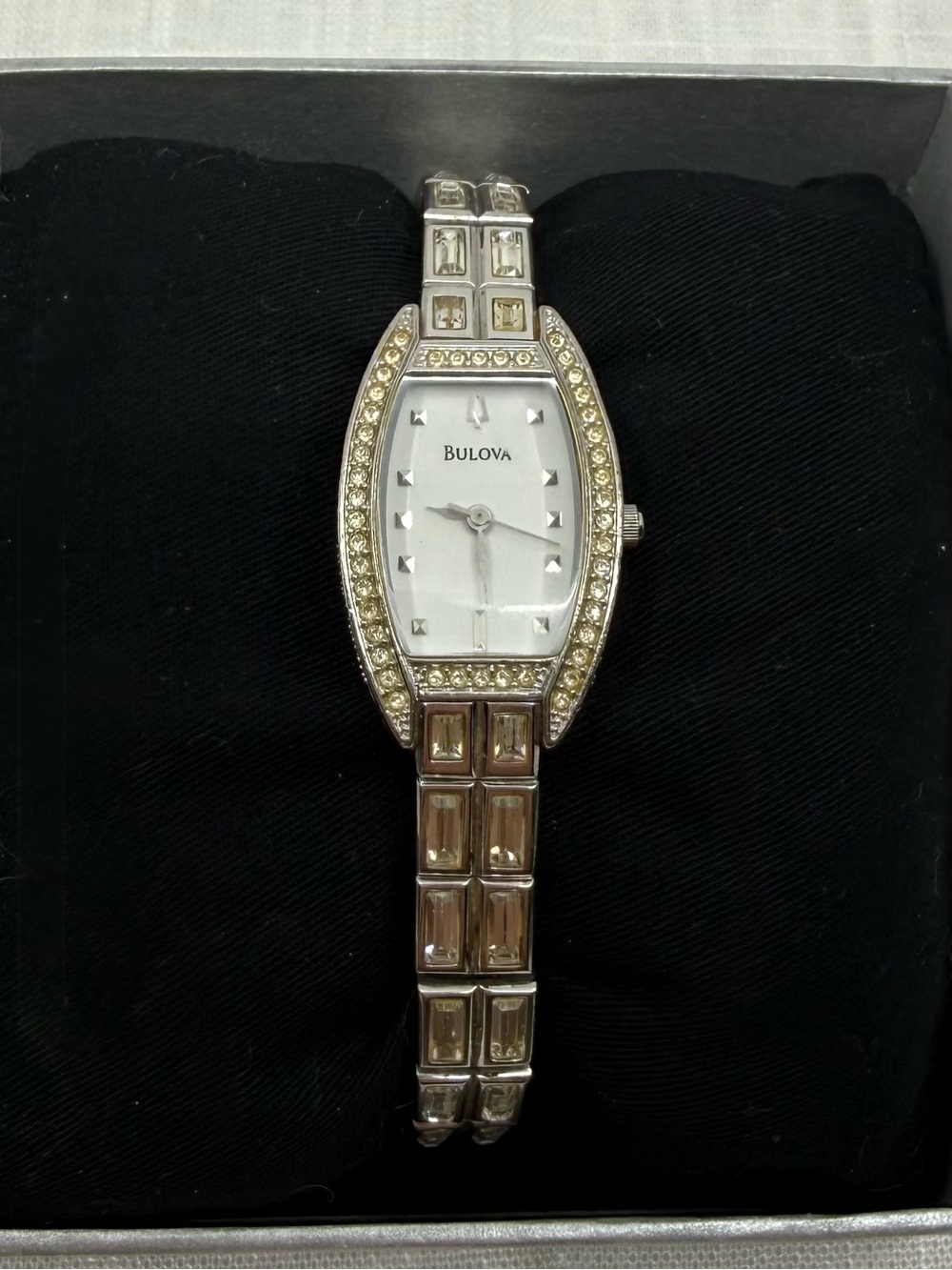 2005 Bulova Swarovski Encrusted Tonneau Quartz Watch - With Box!